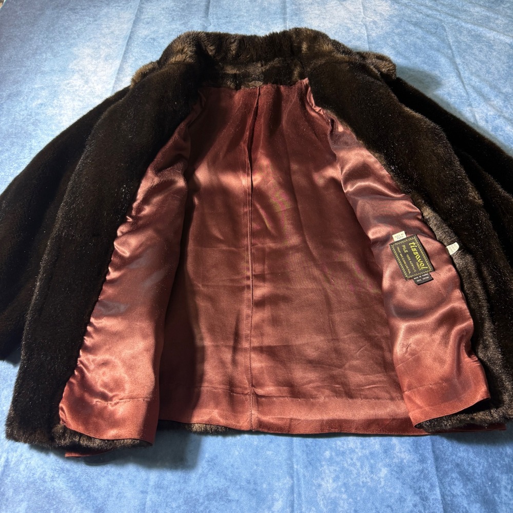 Vintage Tissavel France Faux Fur Coat Dark Brown Burgundy Lined Made USA - Picture 2 of 7